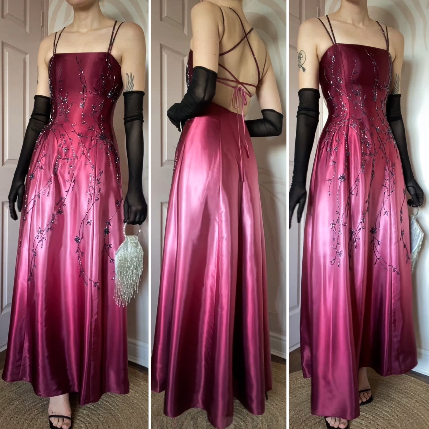 Pink Dave & Johnny satin beaded evening dress UK 8
