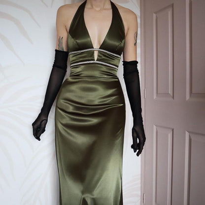 Khaki green Dave & Johnny vintage satin diamanté evening gown UK 12