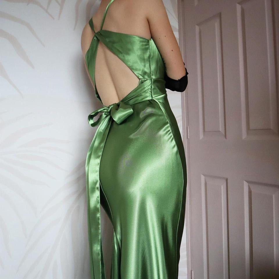 Green satin silky evening gown UK 10