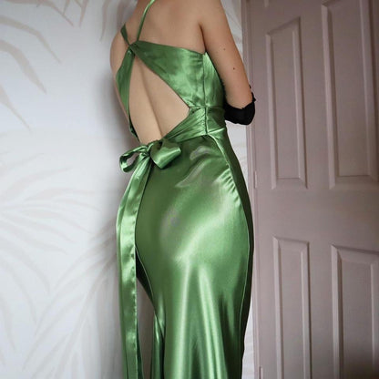 Green satin silky evening gown UK 10