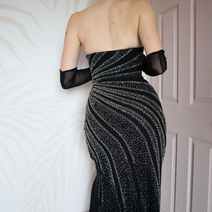 Black beaded strapless gown UK 12