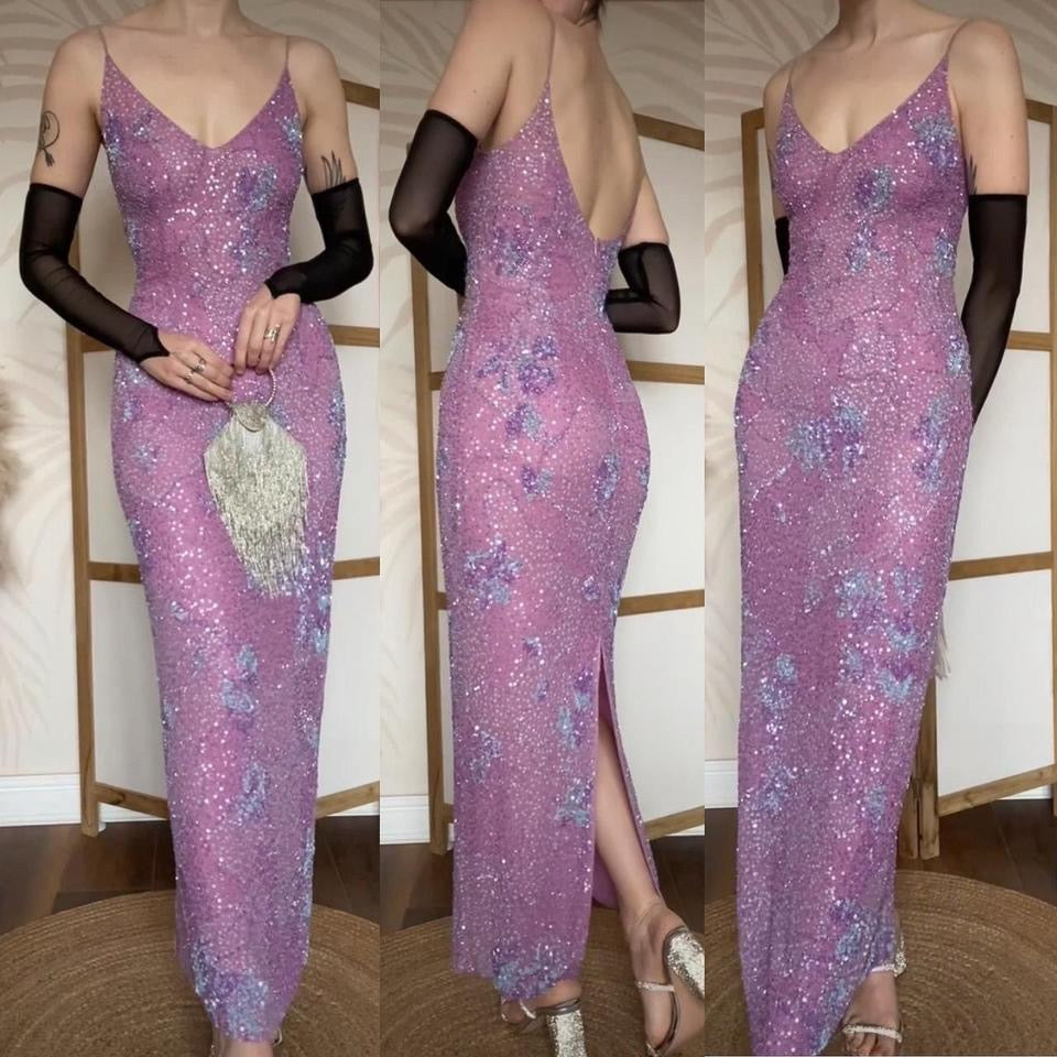 Purple 100% silk beaded/sequin evening dress uk 10-12