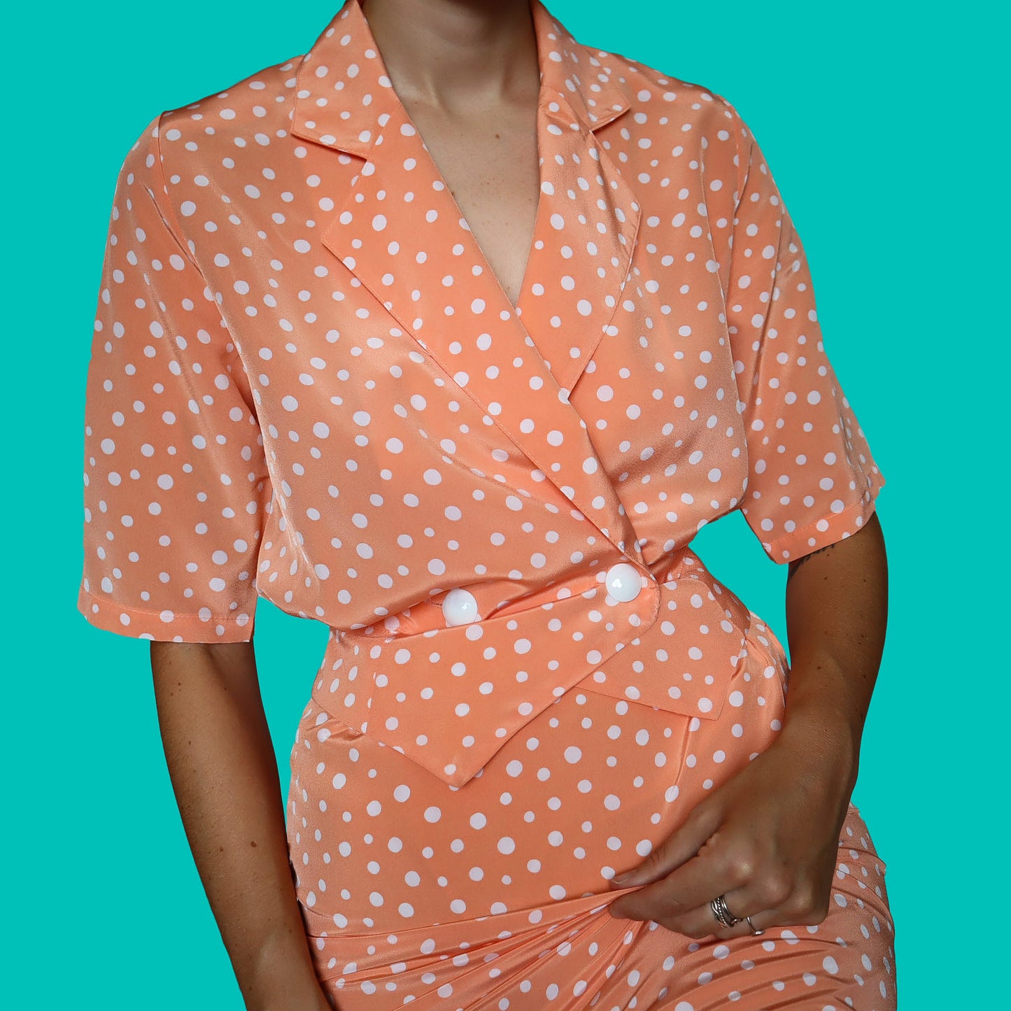Peach polka dot 2 piece top & skirt suit UK 8