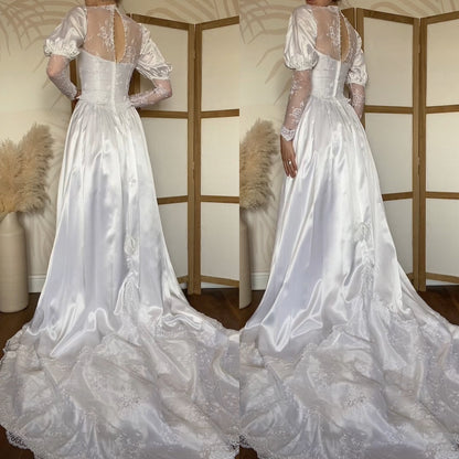 White satin & lace 80s wedding dress UK 6/XS