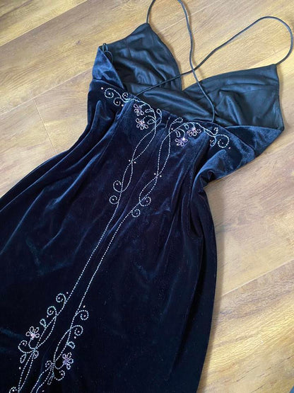 Black 90s velvet beaded evening dress uk 16