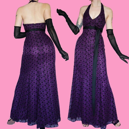 Dark purple floral glittery halter neck dress UK 10