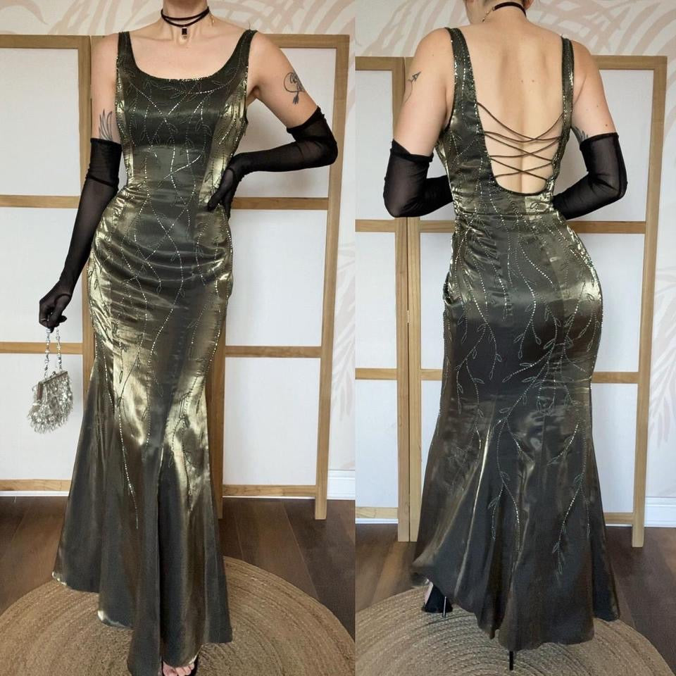 Christine Elizabeth iridescent green beaded gown UK 12