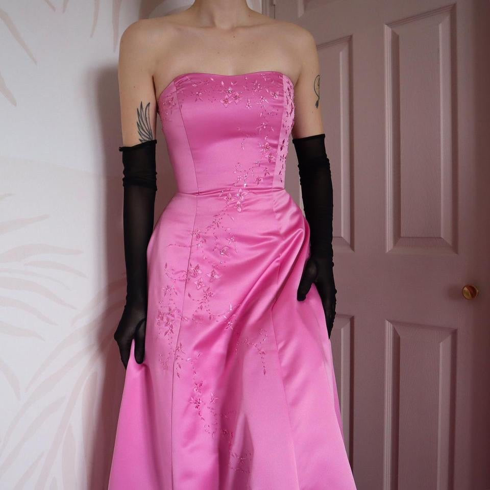Hilary Morgan pink strapless a-line gown UK 10-12