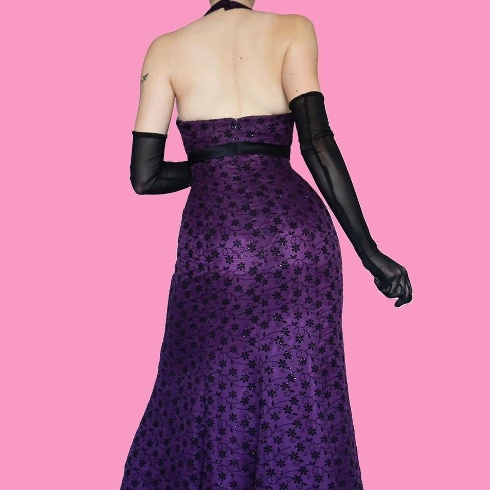 Dark purple floral glittery halter neck dress UK 10