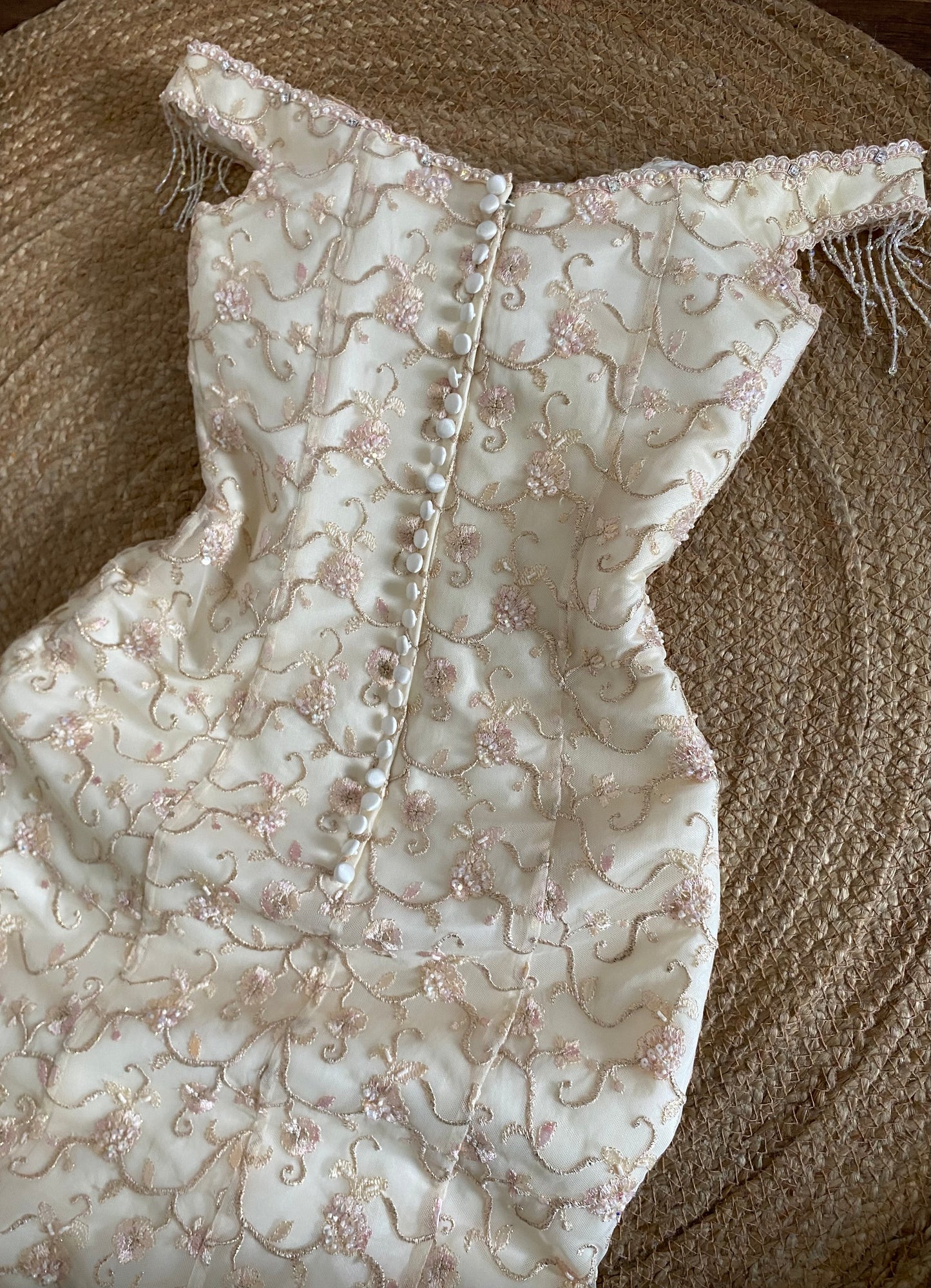 Justin Alexander cream off shoulder embroidered wedding dress uk 8
