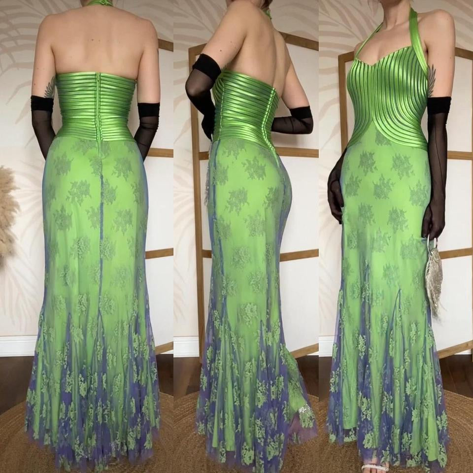 Electric green stretch lace halter-neck evening dress uk 12