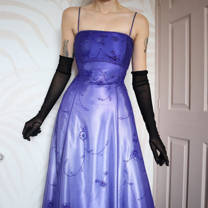 Purple satin beaded evening dress UK 12