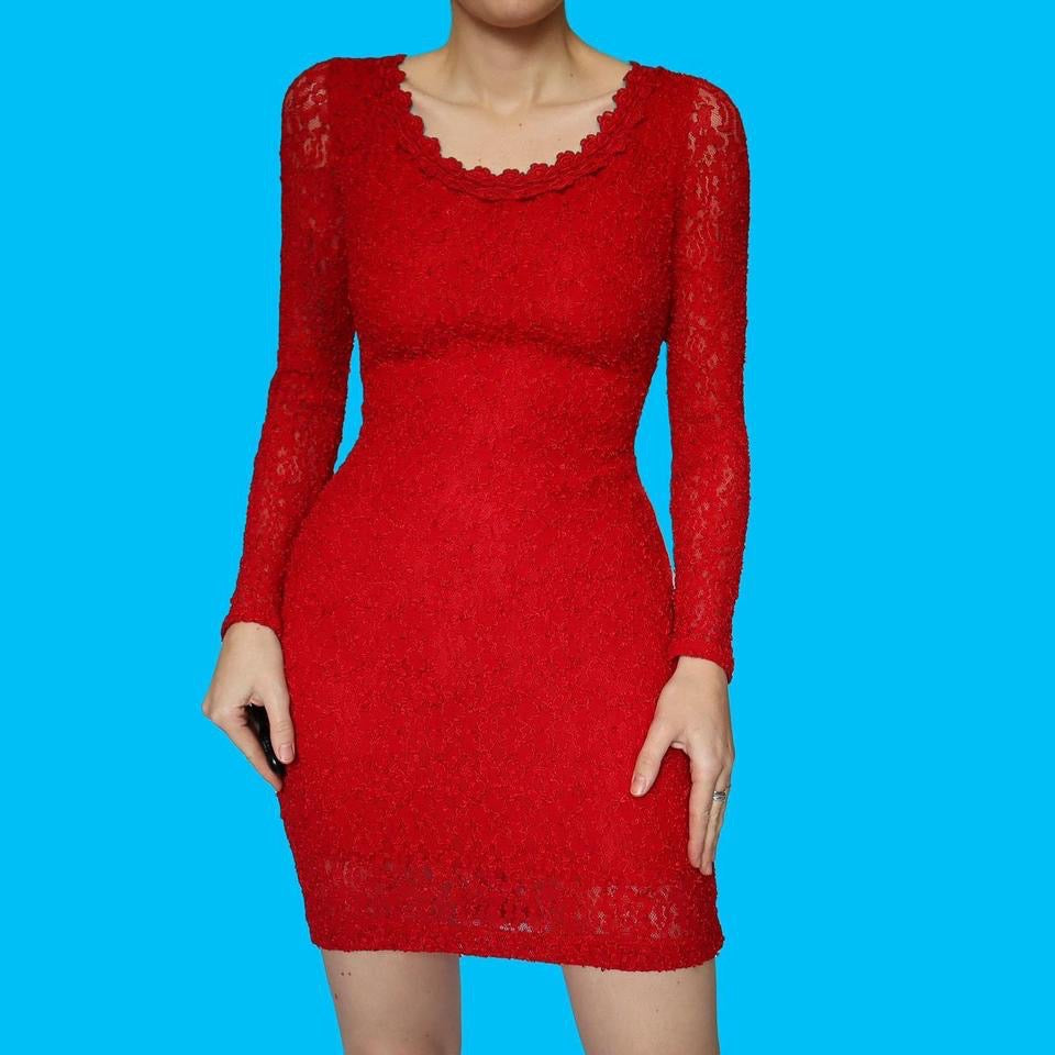 Red lace long sleeve stretch party dress UK 10