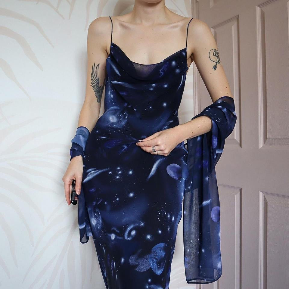 Dark blue print chiffon slip dress & shawl UK 12