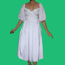 Load image into Gallery viewer, White puff sleeve wrap midi wedding dress UK 8-10
