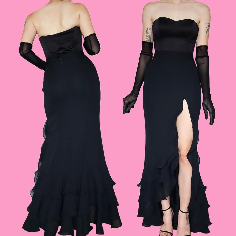 Pearce Fionda black ruffle leg slit skirt UK 12