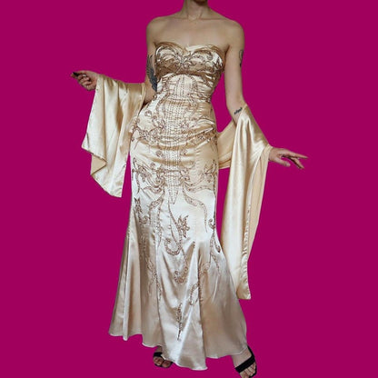 YVE London gold beaded strapless gown & shawl UK 12