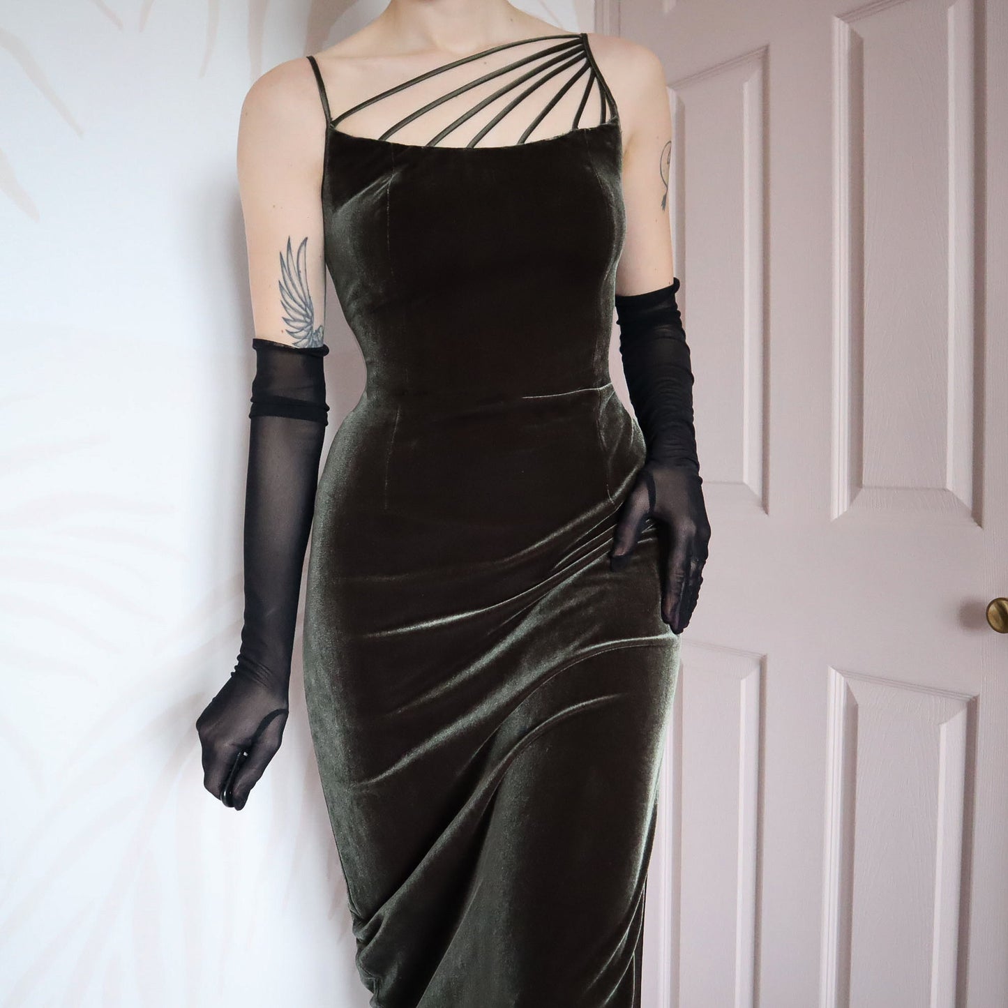 Green velvet stretch evening dress UK 10