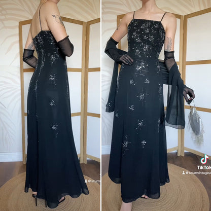Yve London black beaded evening dress & shawl uk 12