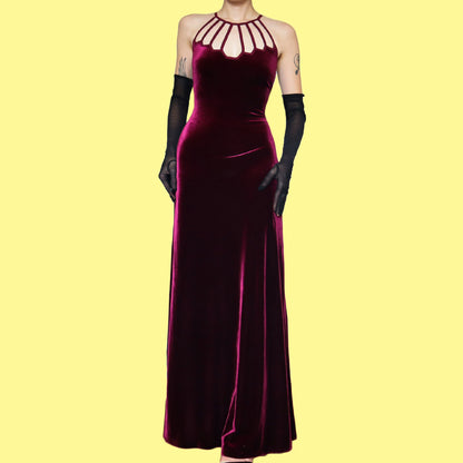 Gina Bacconi burgundy velvet stretch evening gown UK 14