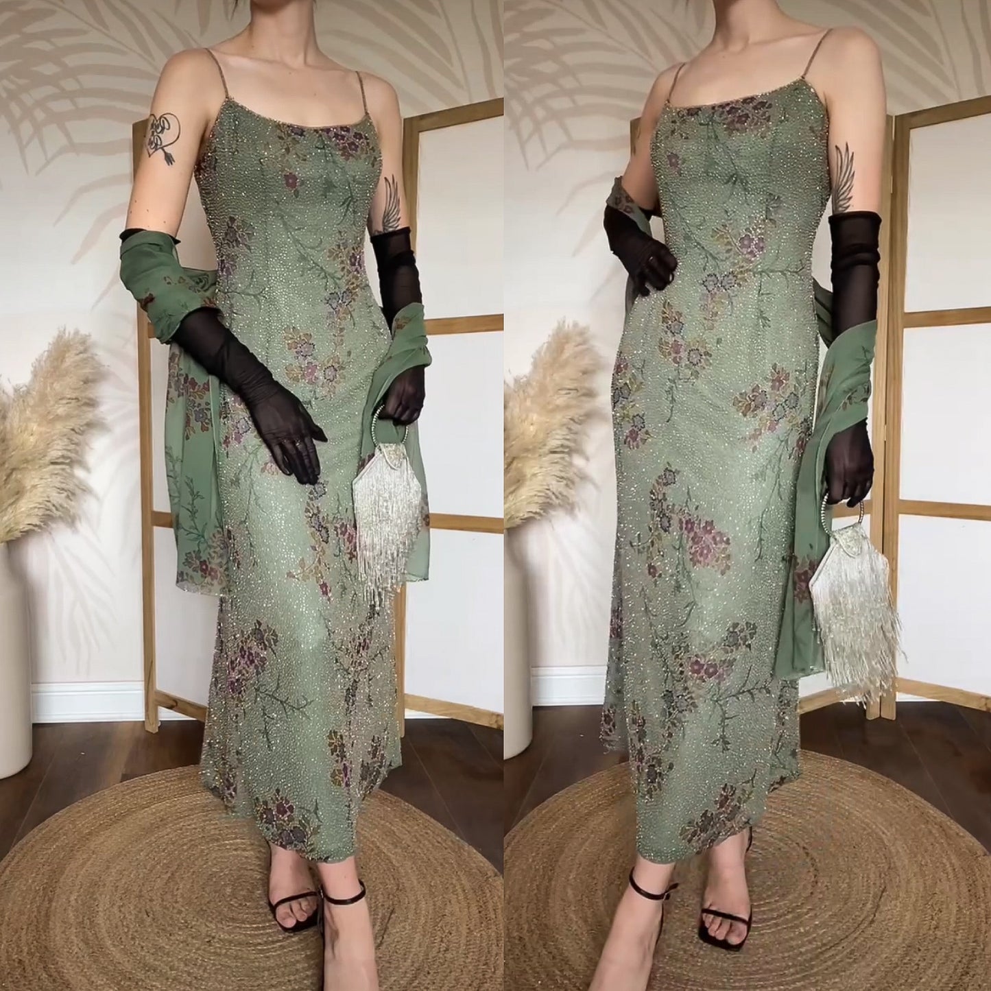 Mon Cheri green silk beaded dress & shawl uk 12