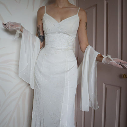 White beaded wedding dress with shawl UK 12