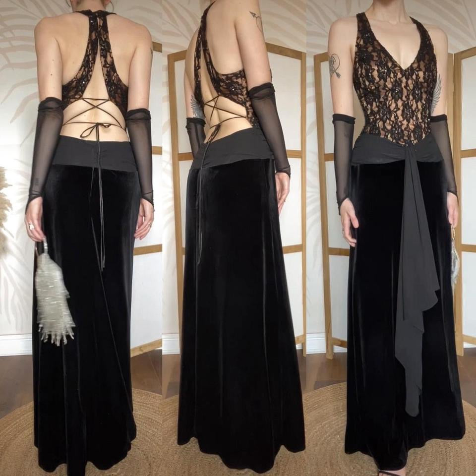 Dave & Johnny black lace & velvet evening dress uk 12