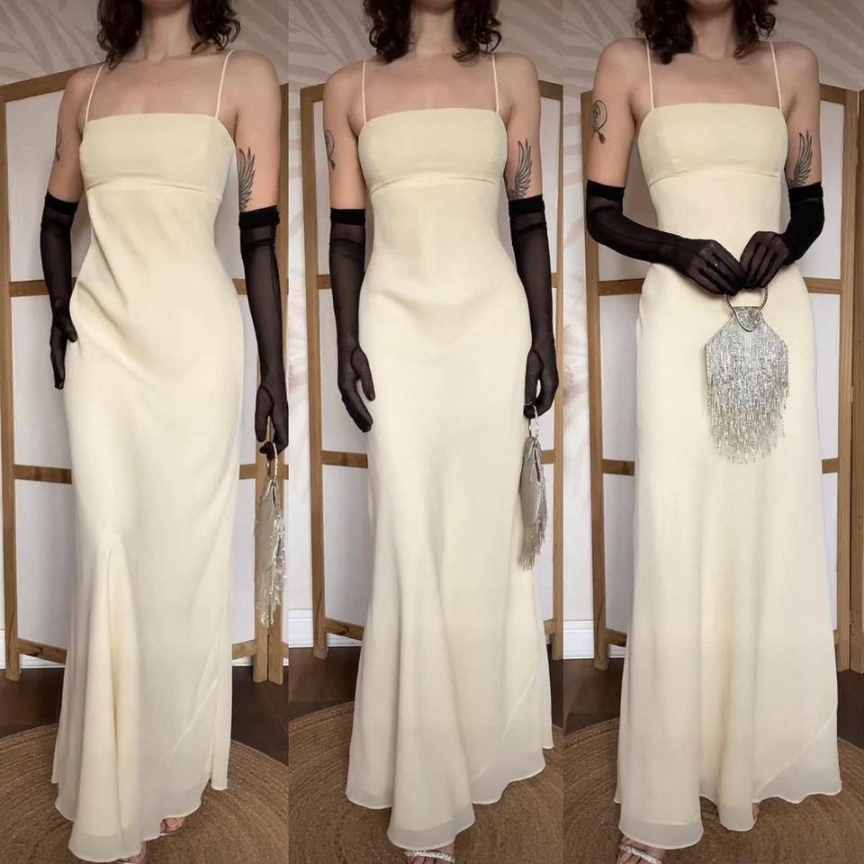 Light yellow Morgan & Co open back prom dress uk 12