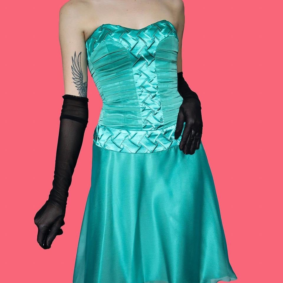 Teal strapless lace up midi dress UK 8-10