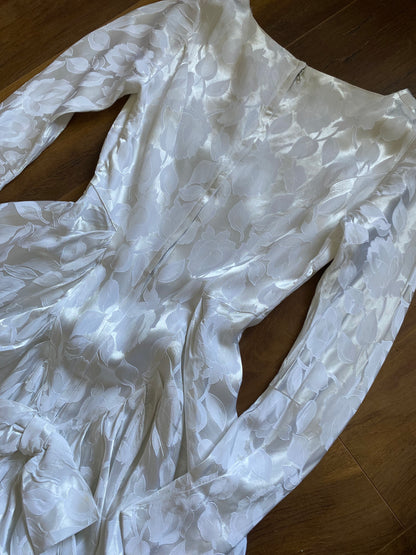 70s white damask floral long sleeve wedding dress uk 8-10
