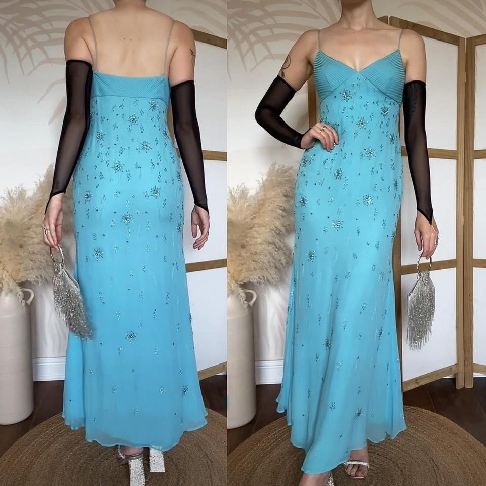 Light blue beaded 100% silk evening dress uk 10