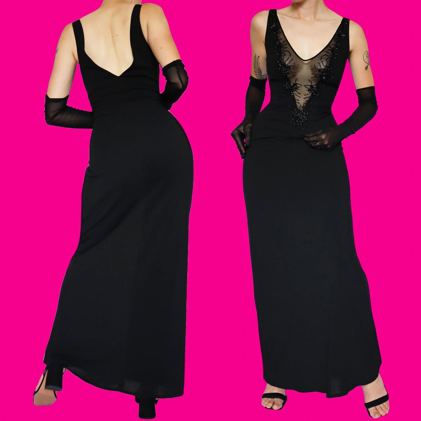 Black stretch low cut beaded evening dress UK 12