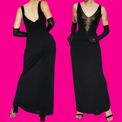 Black stretch low cut beaded evening dress UK 12