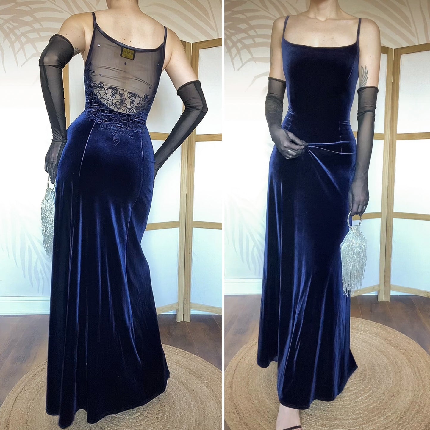 Gina Bacconi navy velvet stretch evening dress UK 12-14