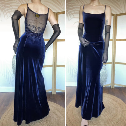 Gina Bacconi navy velvet stretch evening dress UK 12-14