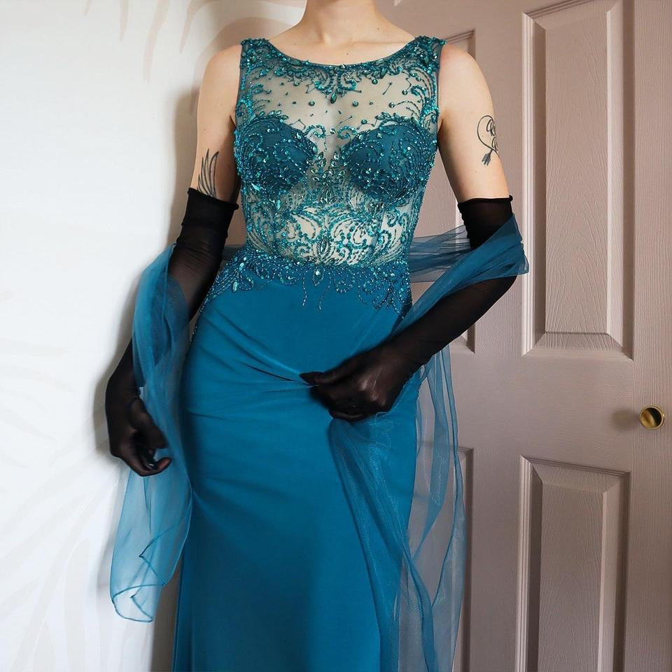 Goya teal gem evening dress & shawl UK 6