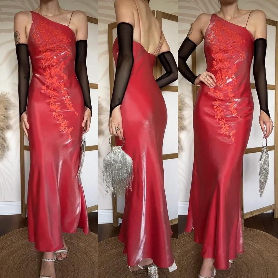 Orangey/red silky evening dress uk 6-8/XS