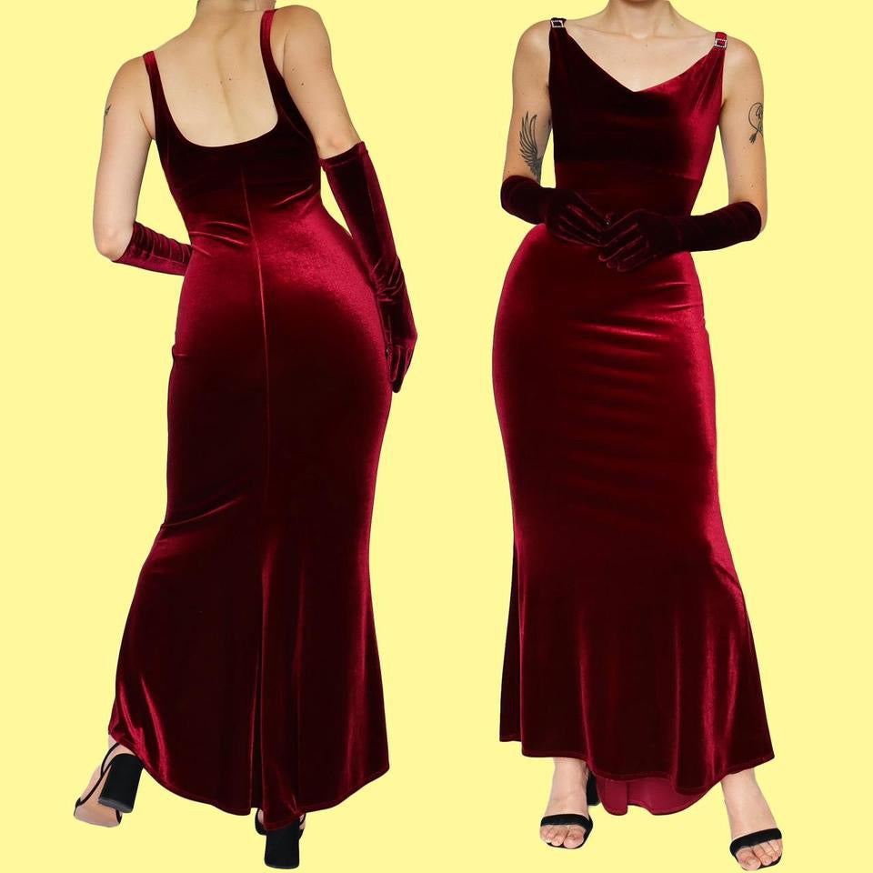 Red velvet stretch evening dress UK 14-16