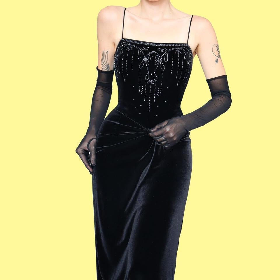 Black Dave & Johnny velvet beaded lace up back evening gown UK 12