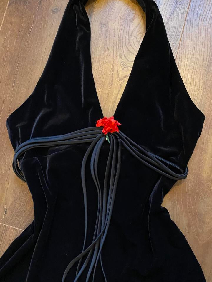 Betsy & Adam black velvet halter-neck evening dress UK 12