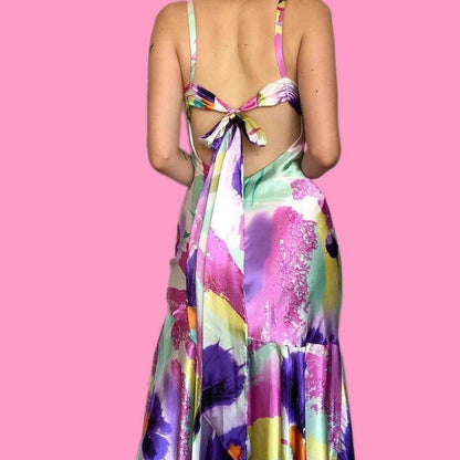 Silky colourful print fishtail evening dress UK 14