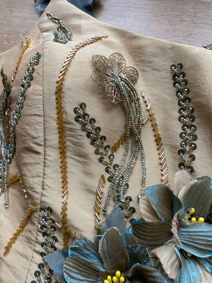 Golden tan 2 piece floral evening set UK 12