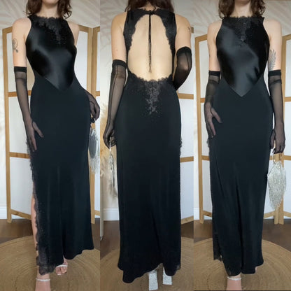 Black lace beaded open back evening dress uk 8