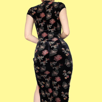 Black velvet short sleeve evening dress UK 12