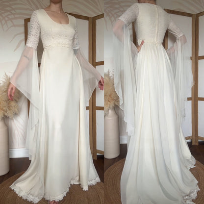 70s long sleeve floral lace wedding dress uk 8-10