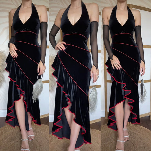 Vintage Niki Livas black velvet halter neck gown UK 14