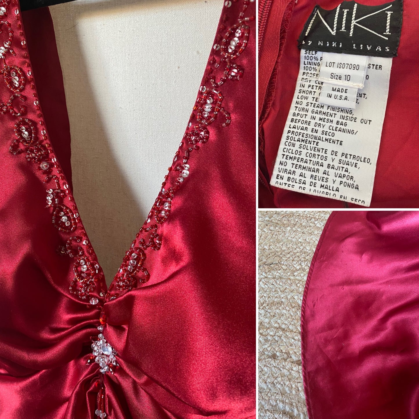 Niki Livas red satin beaded evening gown uk 10