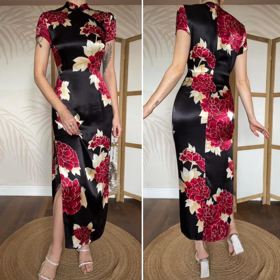 Charlotte Halton silky black floral dress UK 12