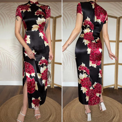 Charlotte Halton silky black floral dress UK 12