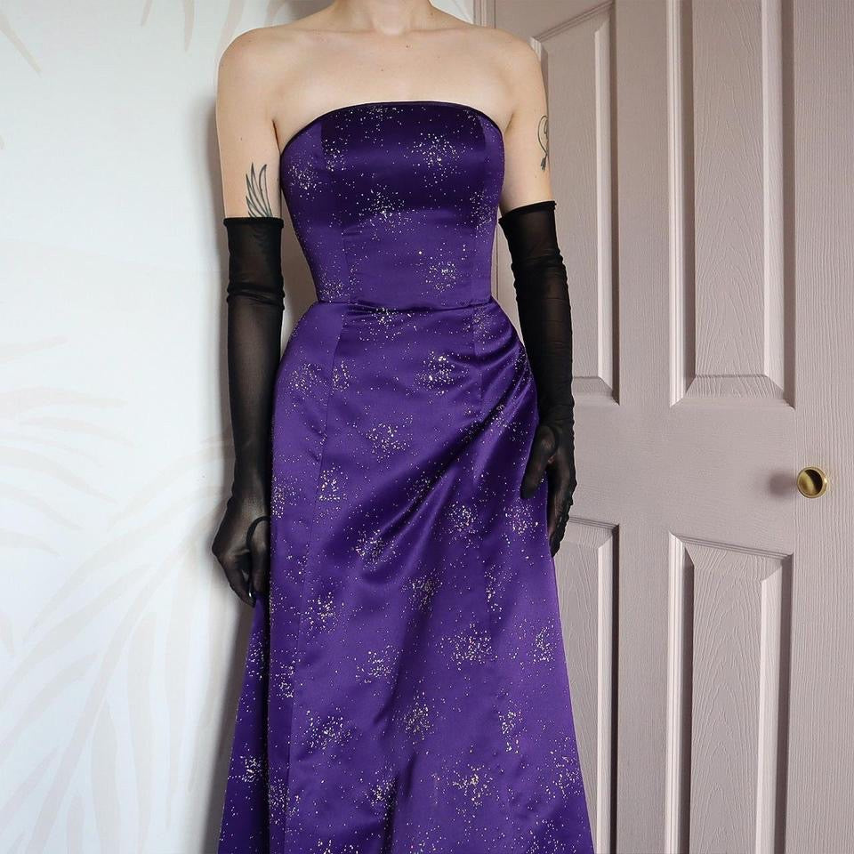 Purple Morgan & Co glittery strapless evening gown UK 10